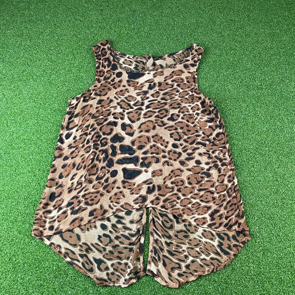 Y2K Sheer Leopard Print Asym Hem Tank Top Chain Neckline Sleeveless Size M Vtg